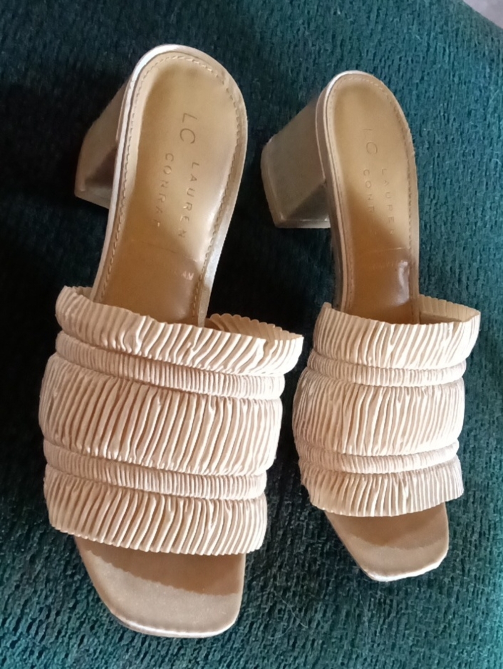 LC Lauren Conrad Beige Ruched Block Heel Slides